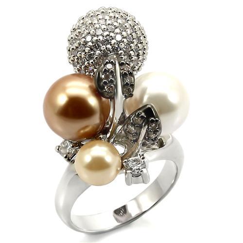 JCE296 Rhodium + Ruthenium Brass Ring with Synthetic Pearl in Multi Color