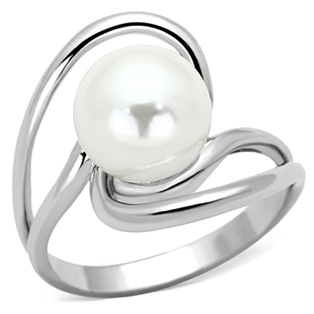 JCE512 Rhodium Brass Ring with Synthetic Pearl in White