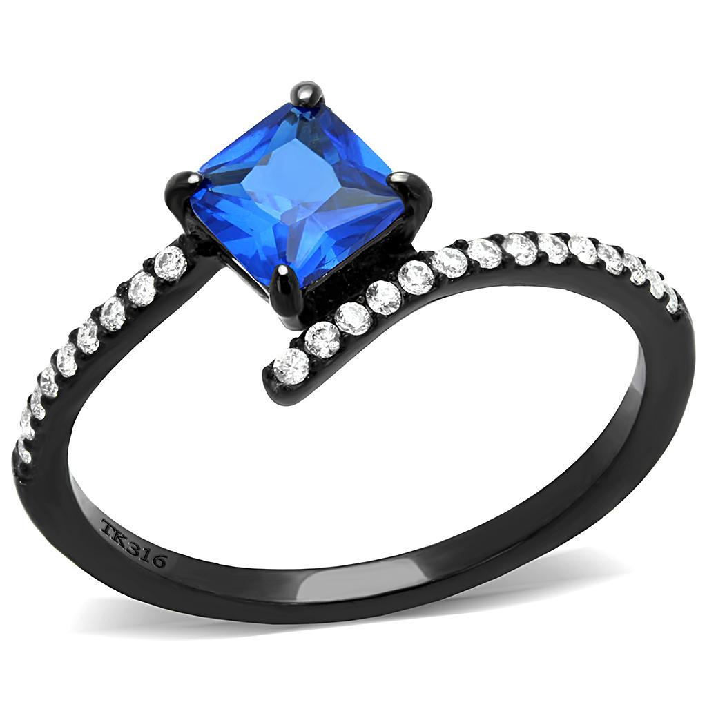 JCE016 IP Black(Ion Plating) Stainless Steel Ring with Synthetic Spinel in London Blue