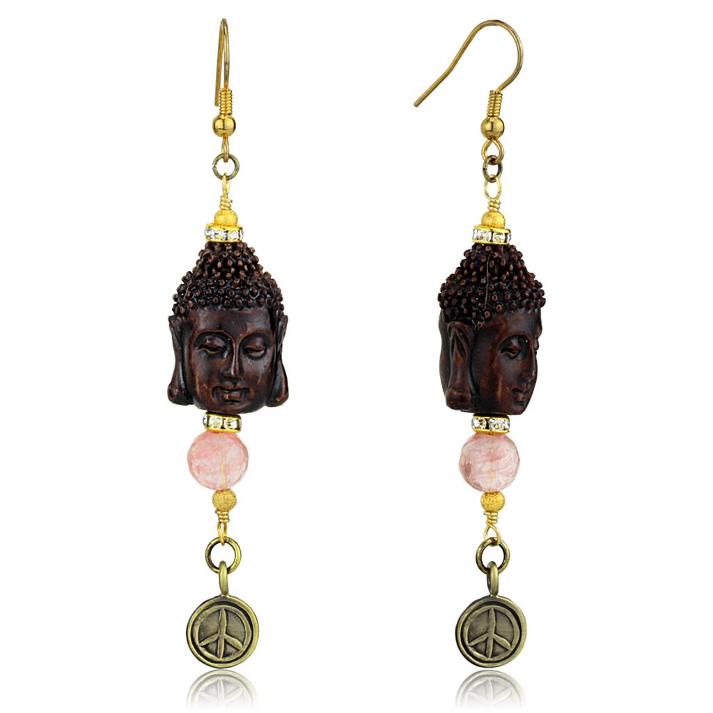 JCE3808 Antique Copper White Metal Earrings with Synthetic Glass Bead in Rose