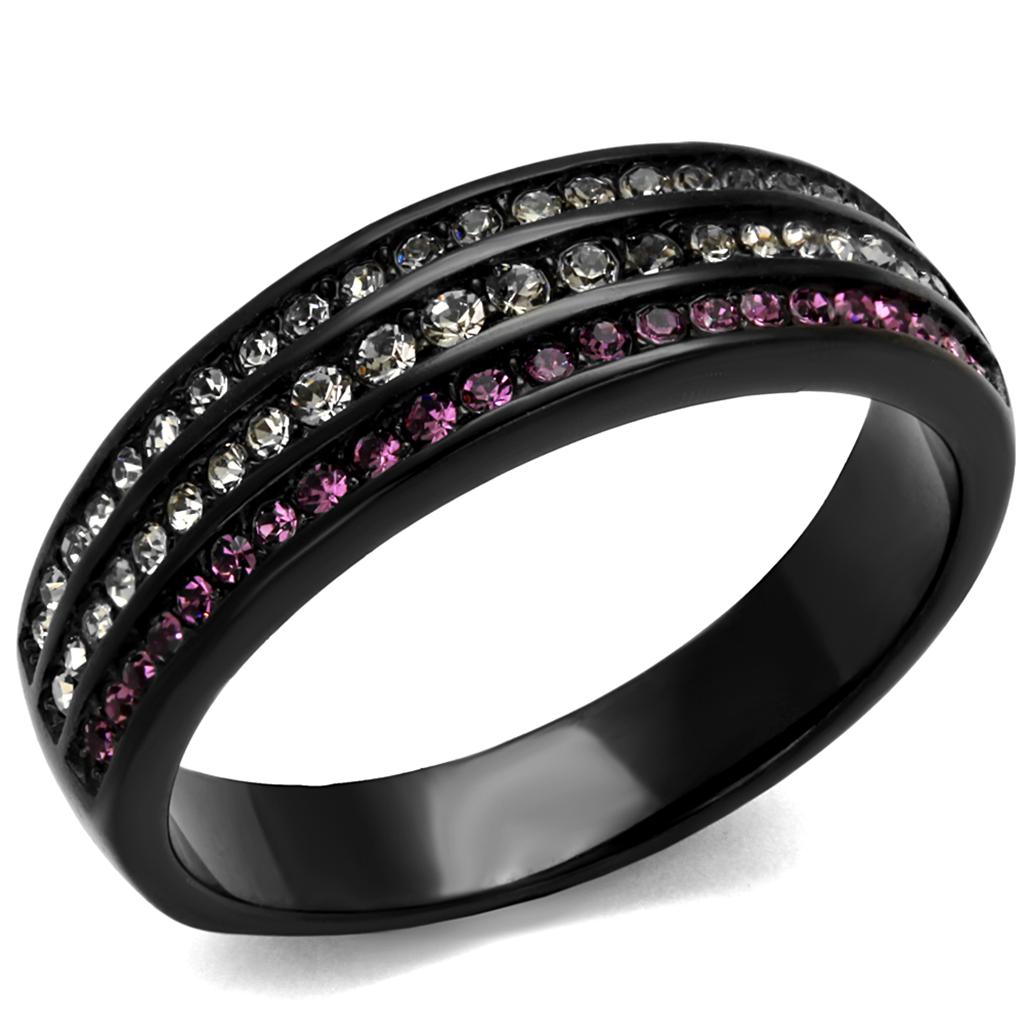 JCE2366 IP Black(Ion Plating) Stainless Steel Ring with Top Grade Crystal  in Amethyst